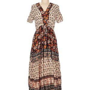 bohme fall florals maxi dress w/ tie waist, women's size medium